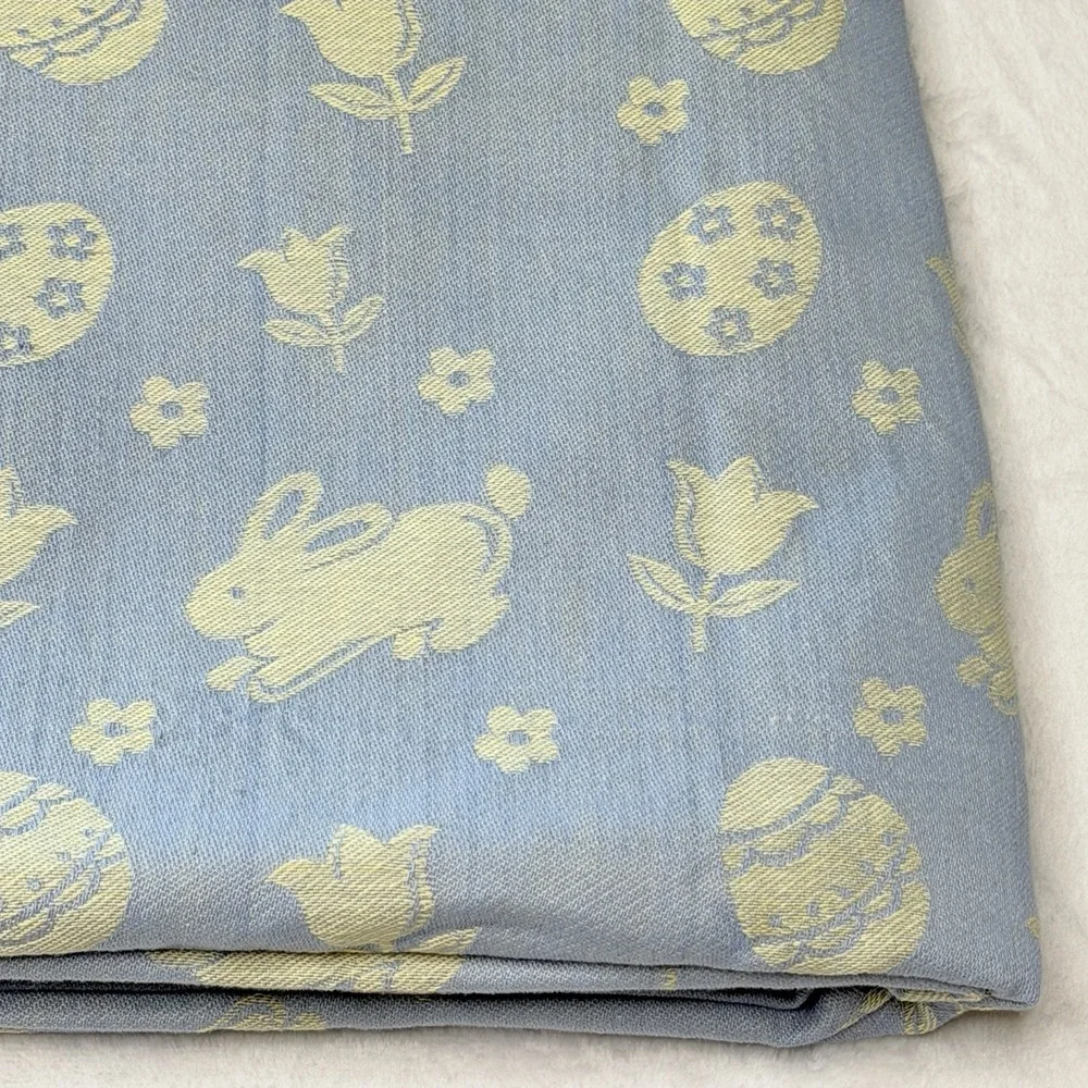 VTG Easter Bunny Egg Tulip Jacquard Tablecloth Blue White 60x98 Spring Cottage